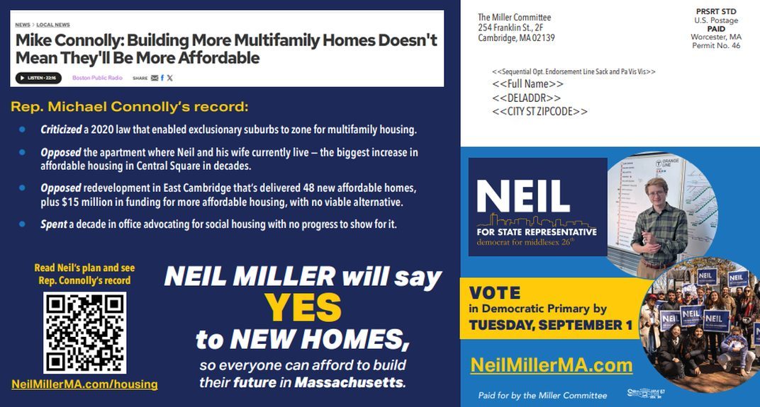 Neil Miller mailer, back panel: Rep. Michael Connolly's record